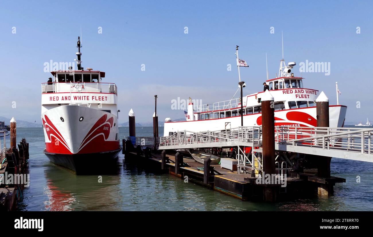 Red and White Fleet. San Francisco, USA, Founded in 1892, the family-owned Red and White Fleet is San Francisco's original sightseeing adventure and only multilingual sightseeing cruise. All of Red and White Fleet's cruises depart from Pier 43½ at the end of Taylor Street, in the heart of Fisherman's Wharf.Sail under the Golden Gate and around Alcatraz Stock Photo