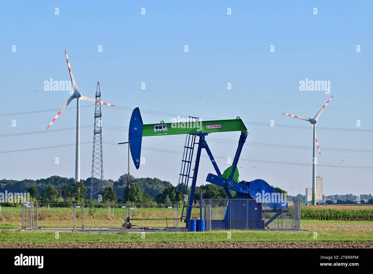Oil and gas production and wind power in Prottes in the Weinviertel, Lower Austria Stock Photo