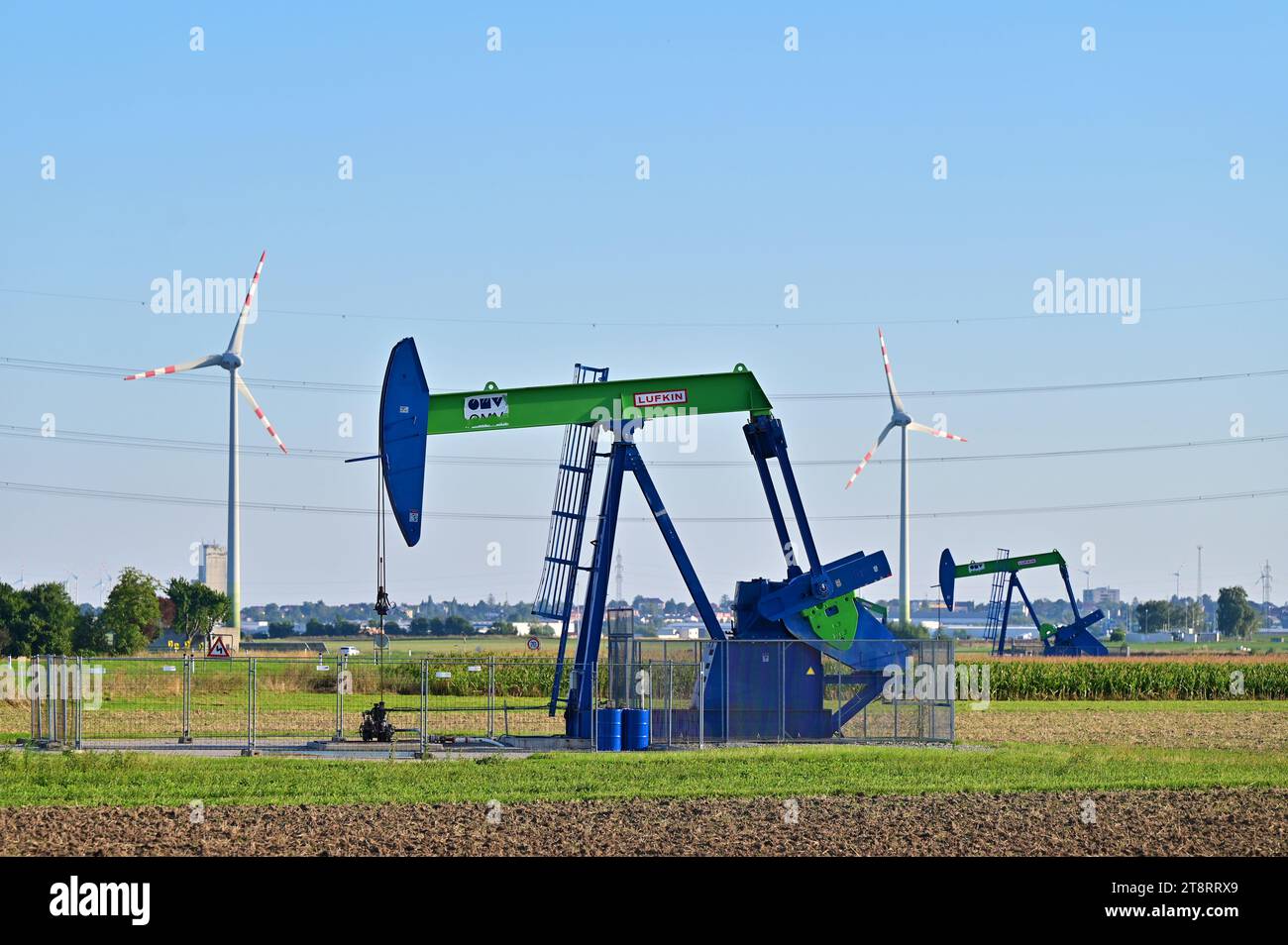 Oil and gas production and wind power in Prottes in the Weinviertel, Lower Austria Stock Photo