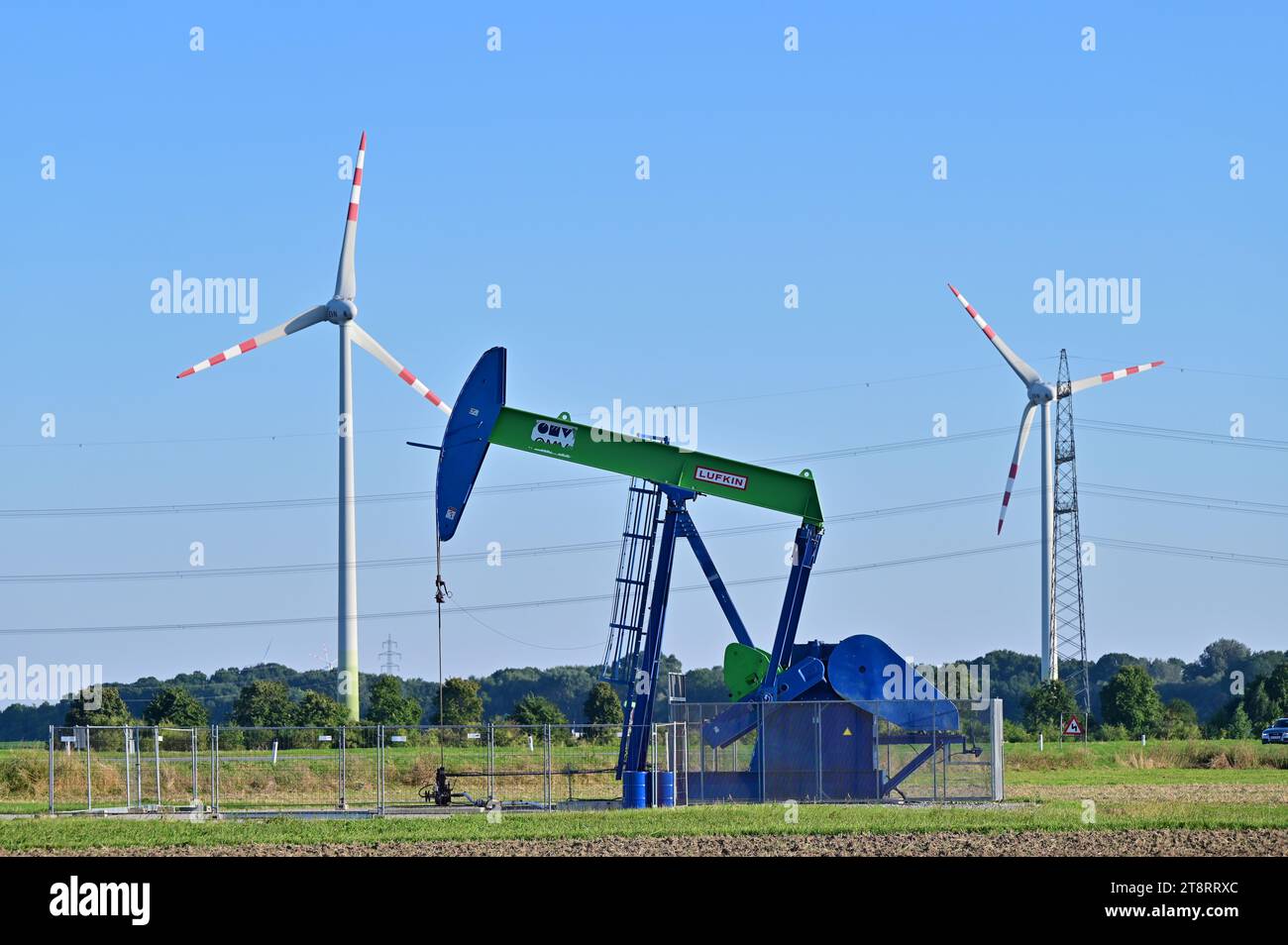 Oil and gas production and wind power in Prottes in the Weinviertel, Lower Austria Stock Photo