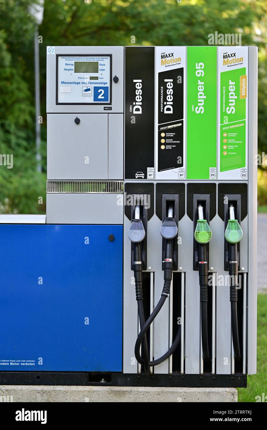OMV petrol pump on the natural gas and oil nature trail in Prottes, Lower Austria Stock Photo