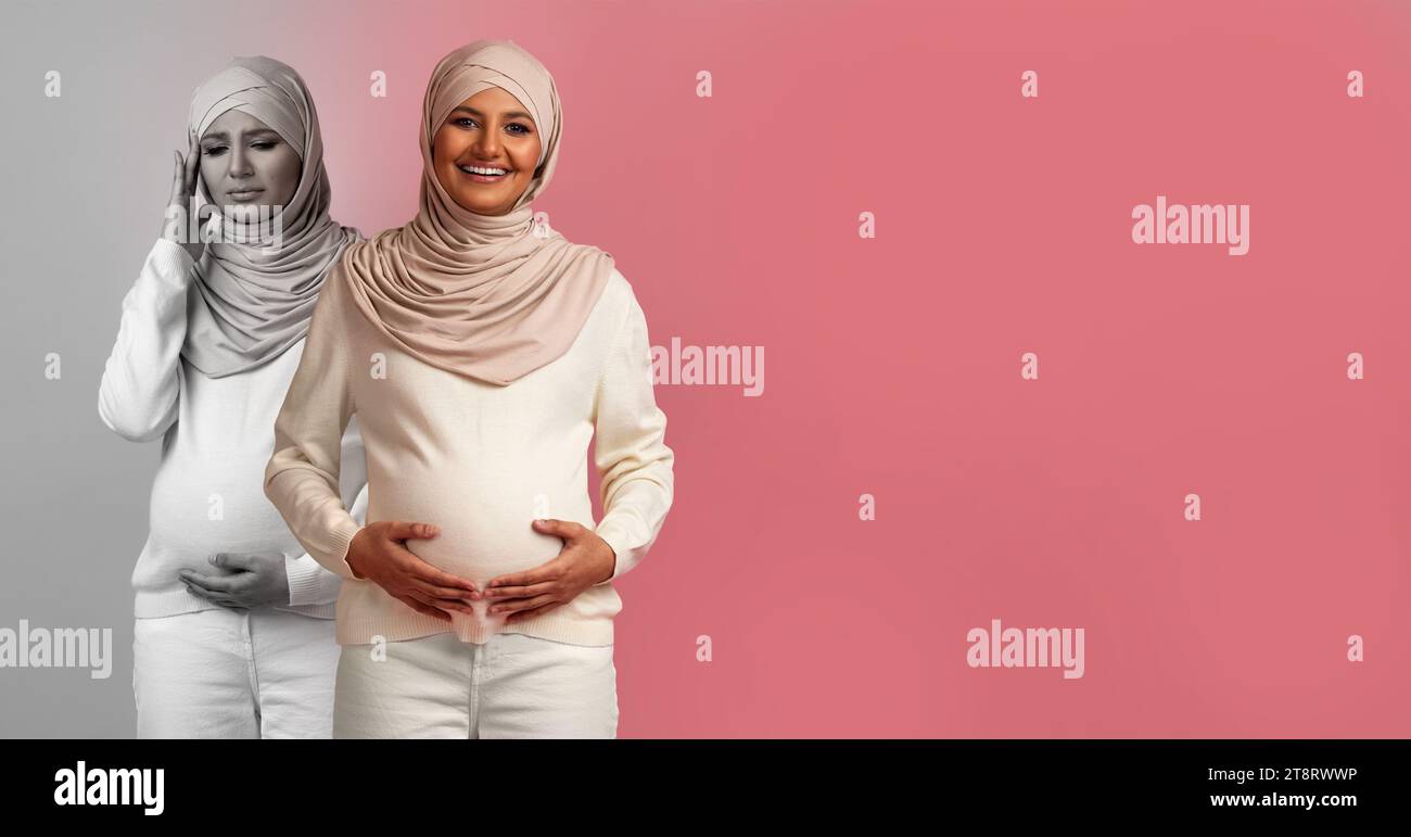 Mood Swings During Pregnancy. Pregnant Muslim Woman In Hijab Expressing Different Emotions Stock Photo