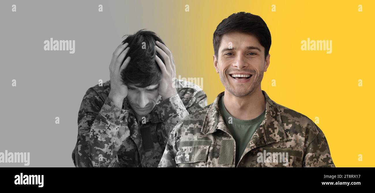 PTSD Concept. Male soldier in uniform displaying mixed emotions