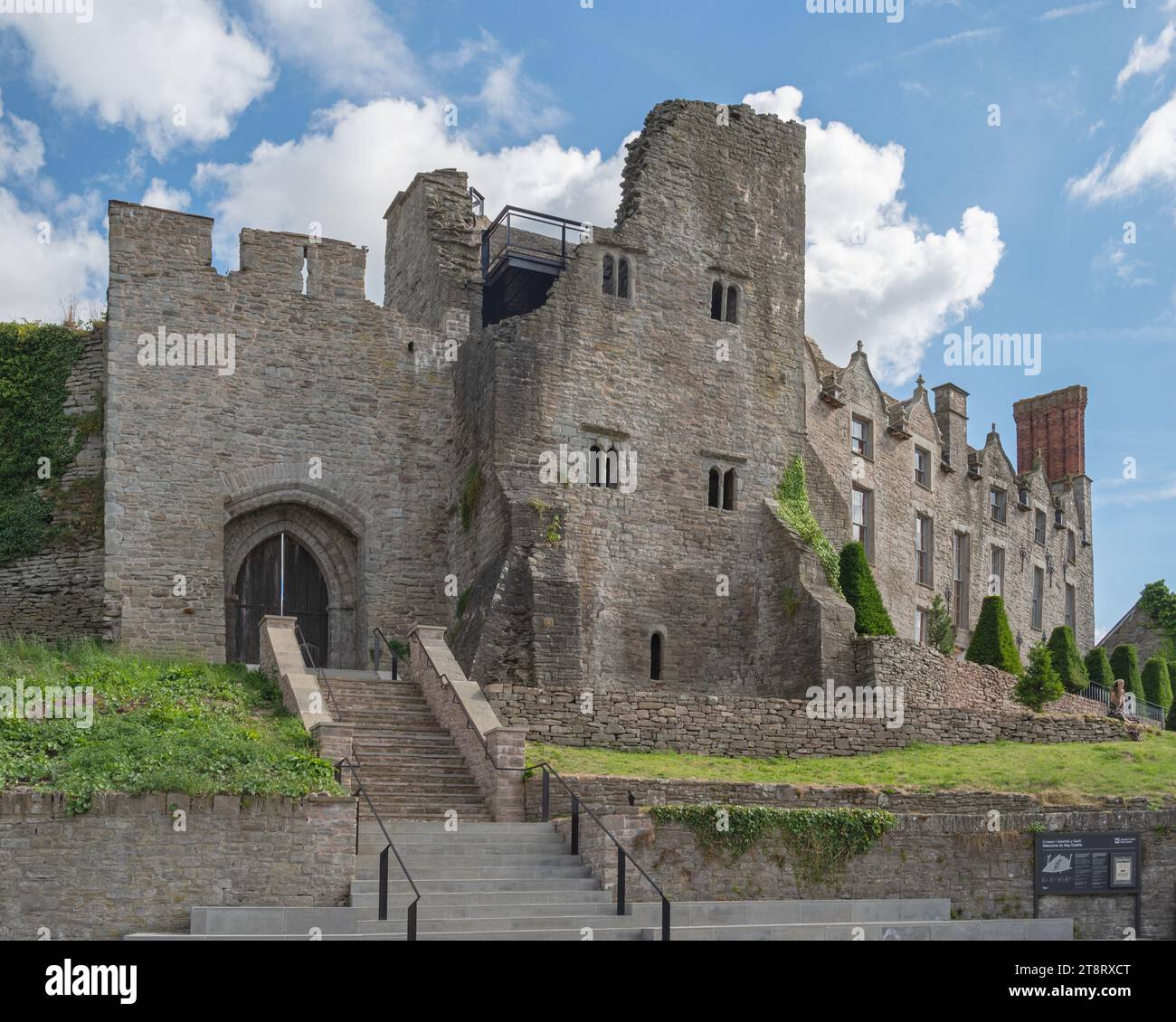 View of the front façade of the restored Hay Castle in Hay-on-Wye, Powys, Wales, Uk Stock Photo