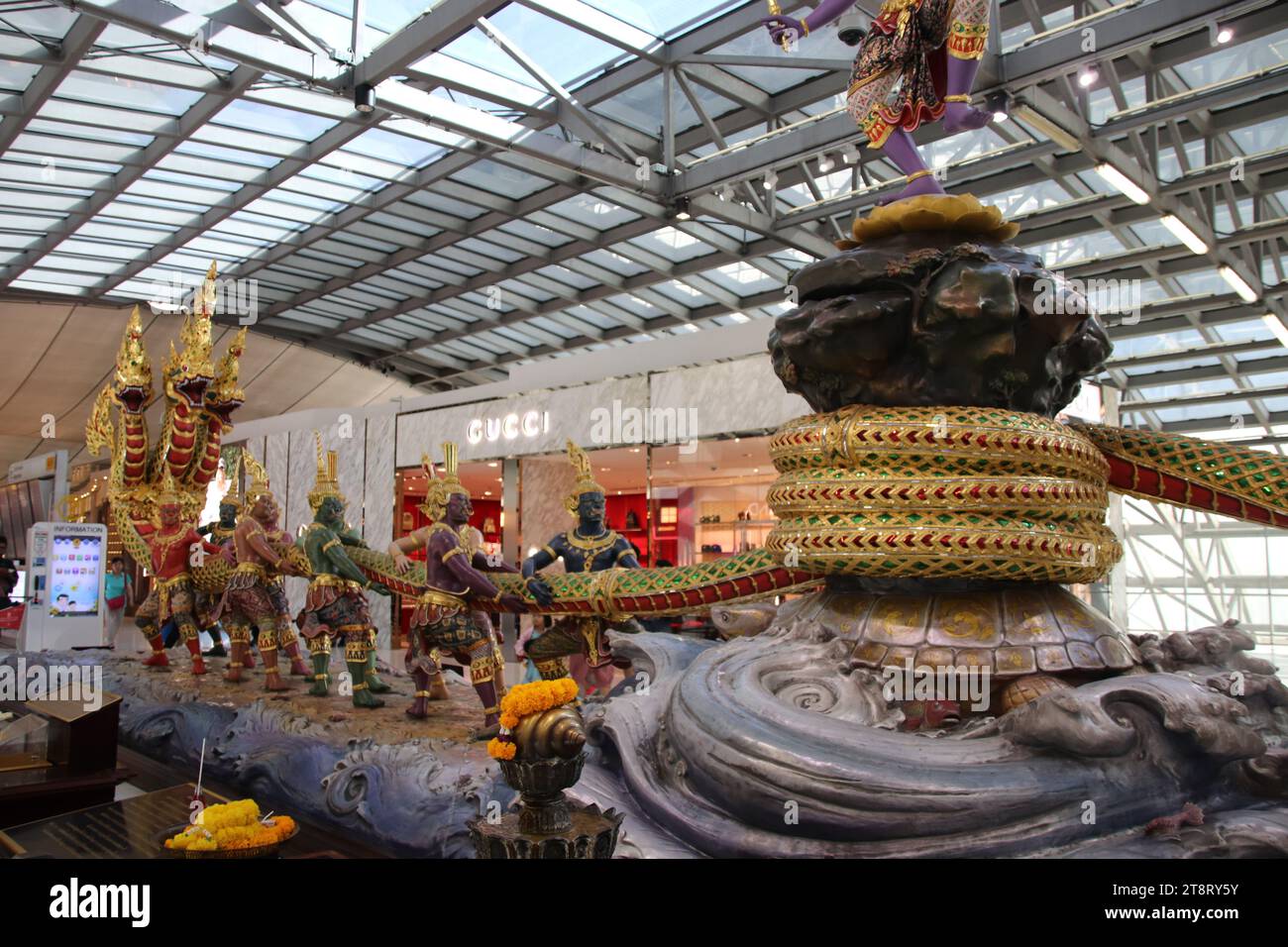 Vishnu Churning the Milk Ocean, Suvarnabhumi International Airport, Bangkok, Thailand Stock Photo