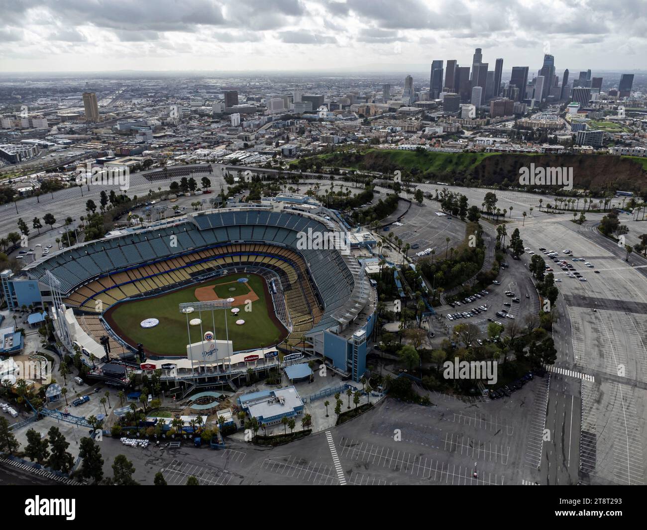 An aerial view of Dodger Stadium in Los Angeles, California, set ...