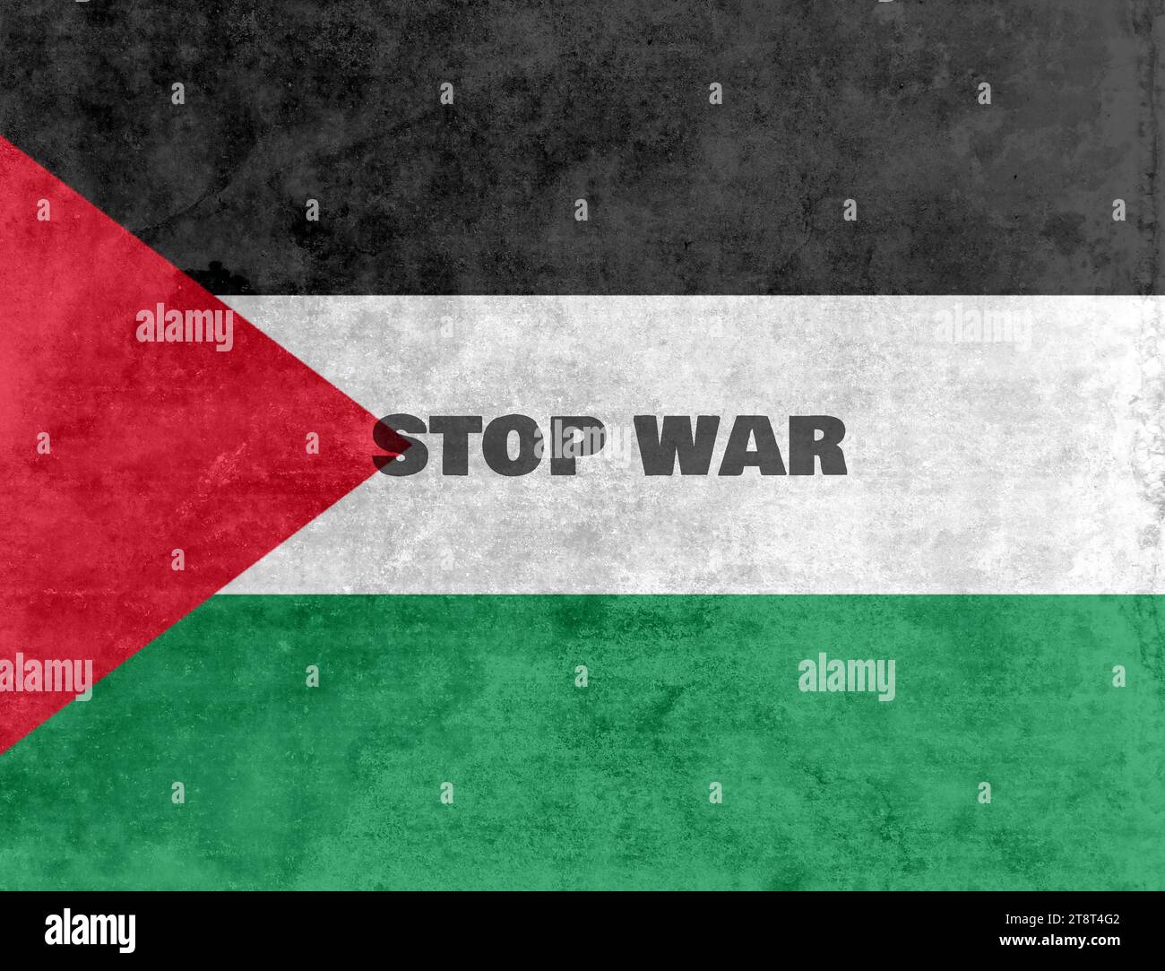 Damaged grunge flag of Palestine, Palestinian Territories with the text Stop war Stock Photo
