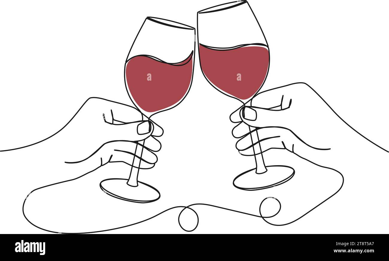 continuous single line drawing of hands clinking glasses with red wine