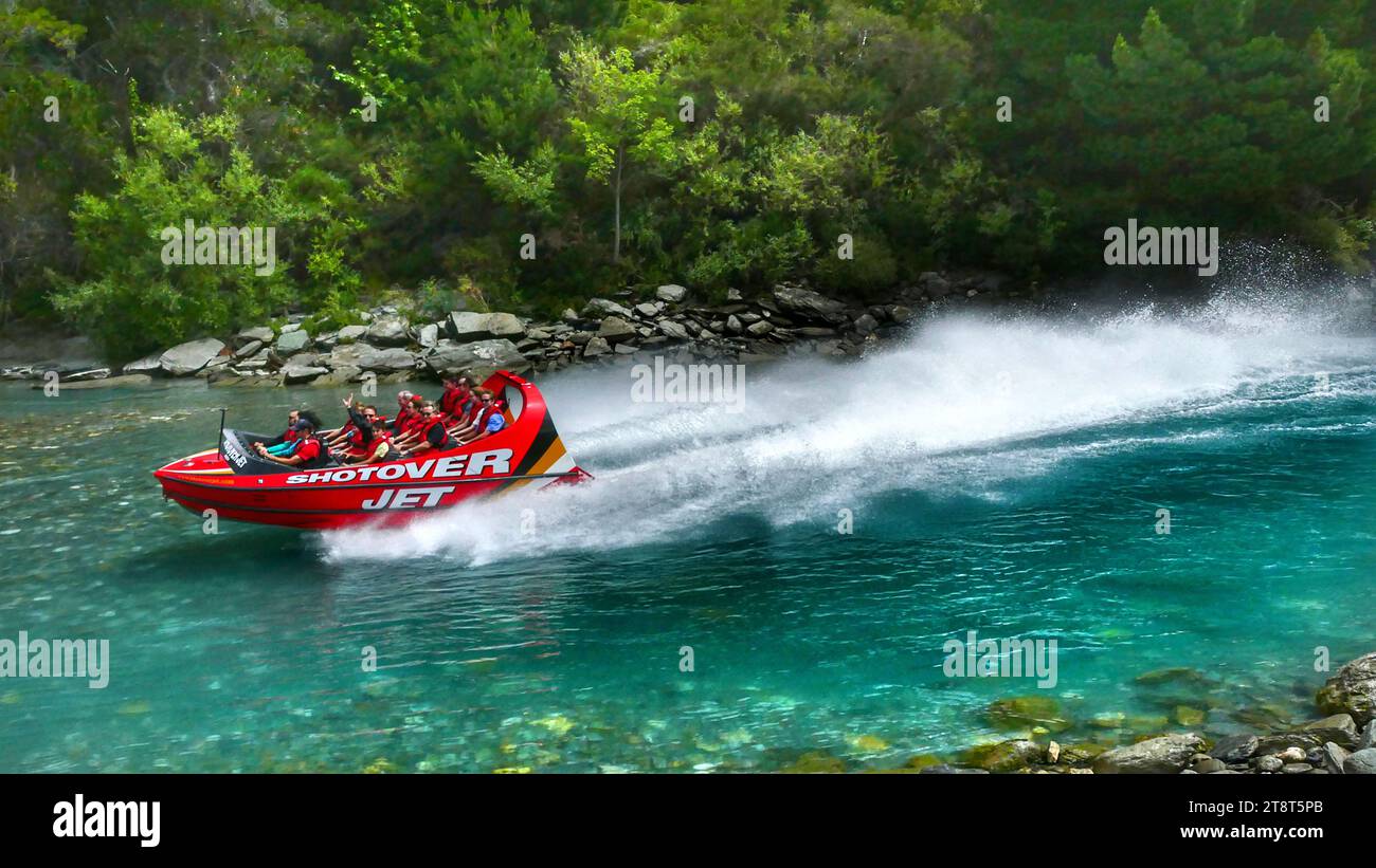 The Jet Boat ride, The jet boat was developed in the 1950s by New Zealand farmer William (Bill) Hamilton, to allow navigation of the shallow Canterbury rivers. However, enterprising New Zealanders soon realised its potential as an adventure activity Stock Photo