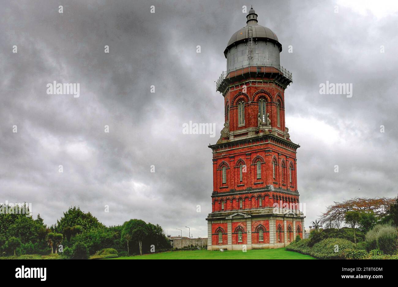 Invercargill Water Tower, A major landmark in Invercargill, the Water Tower was built in 1889. Combining utility with adornment, it was built to support the citys first high-pressure water supply tank. It was designed by consulting engineer William Sharp, and built by Matthew and Hugh Mair Stock Photo
