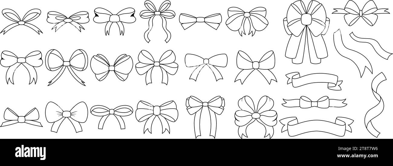 Simple doodle black and white hand drawn ribbon bow collection. Bowknot ...