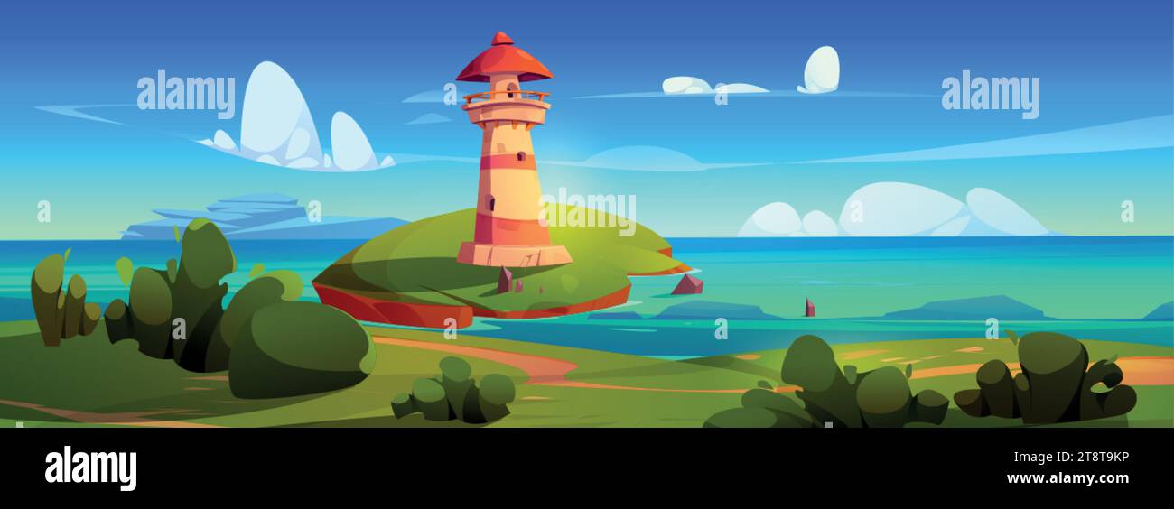 Lighthouse on green island in sea. Vector cartoon illustration of summer coastline with navigation beacon tower above crystal clear water, beautiful s Stock Vector