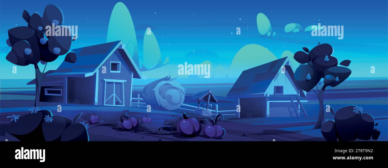 Night farm with barn and haystack. Vector cartoon illustration of rural landscape, dark field under starry sky, pumpkin harvest in vegetable garden, p Stock Vector