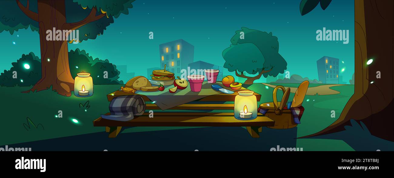 Night picnic in city park. Contemporary vector illustration of outdoor dinner on table in public garden with candles, meal basket, fresh fruit, cheese Stock Vector