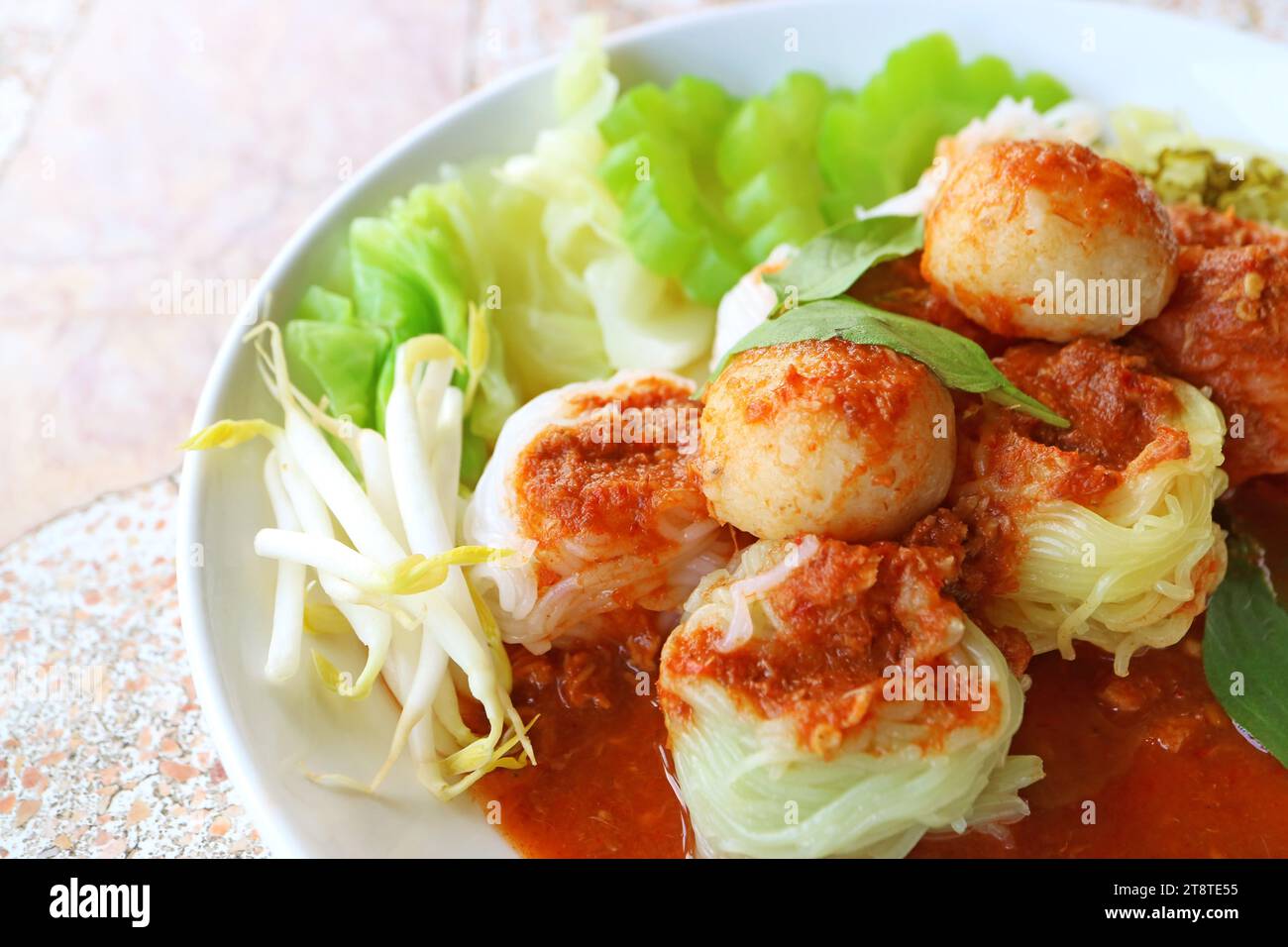 Khanom Jeen Nam Ya Pa, Thai North-eastern Region Dish of Rice Vermicelli with Hot and Spicy Minced Fish Soup Stock Photo
