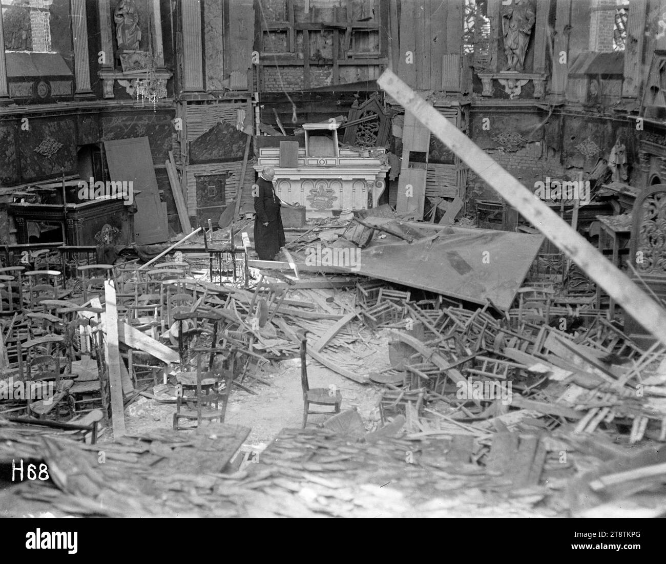 The interior of the church at La Creche deliberately shelled by German ...