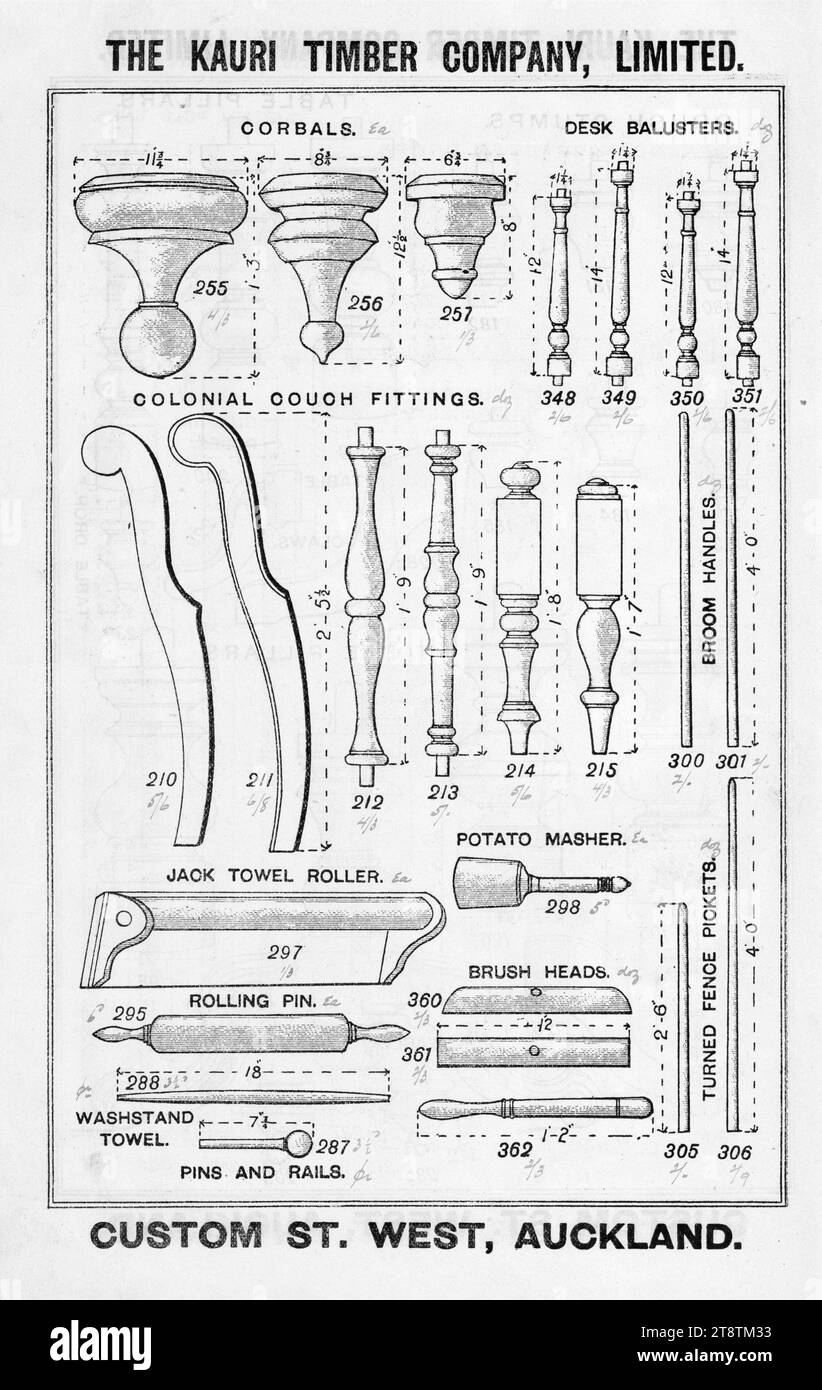 The Kauri Timber Company Ltd (Auckland, New Zealand Office): Corbals, desk balusters, colonial couch fittings, broom handles, rolling pin, jack towel roller, washstand towel, pins and rails, potato masher, brush heads, turned fence pickets. Catalogue page. ca 1906, Shows corbals, desk balusters, couch fittings, and lathed items. legs Stock Photo