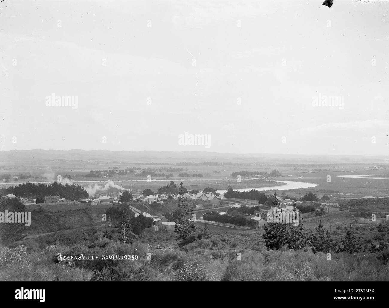View of Helensville South, View of Helensville South taken from a vantage point looking down over the area in early 1900s Stock Photo