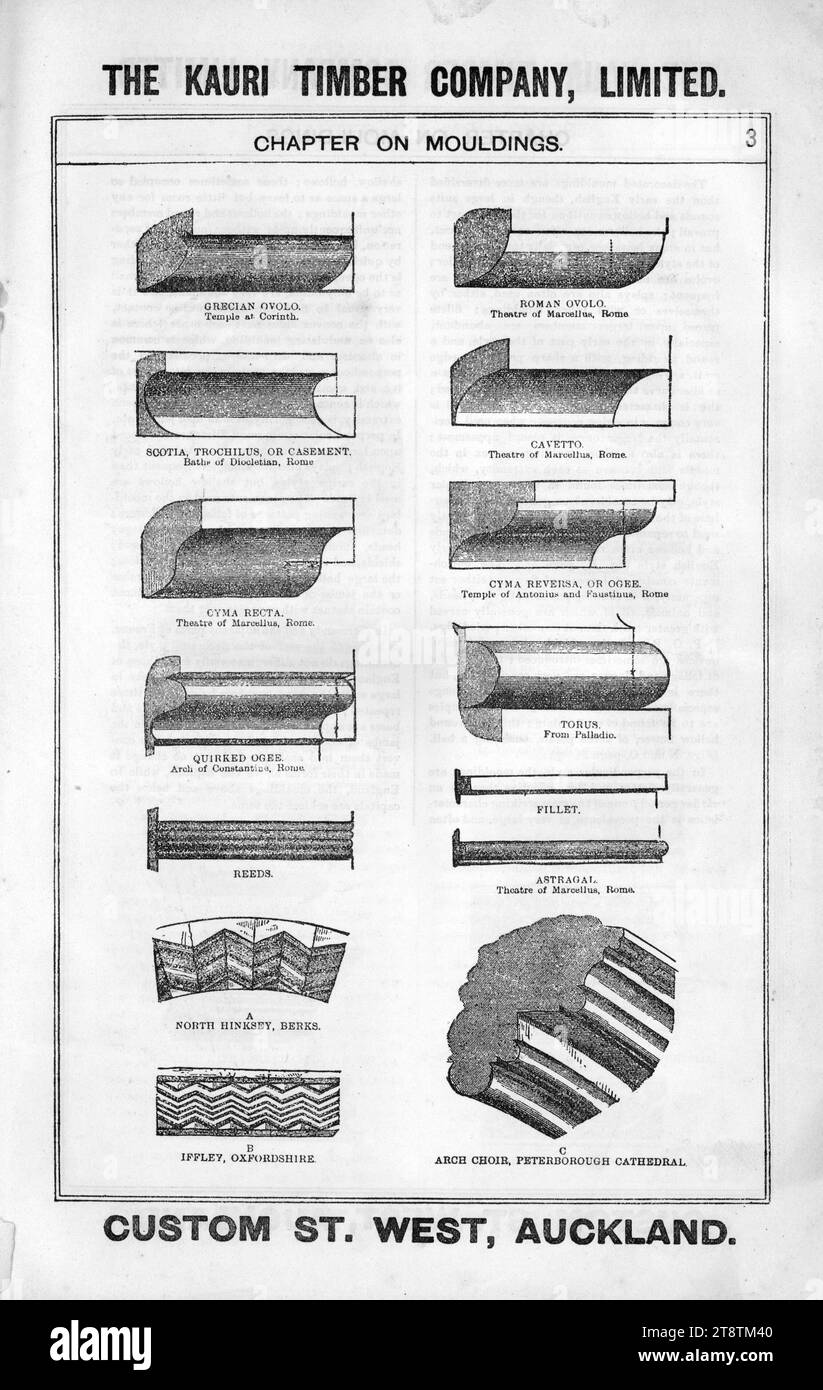 The Kauri Timber Company Ltd (Auckland, New Zealand Office): Chapter on mouldings. Catalogue. Page 3. ca 1906, Shows fourteen samples of mouldings, including Grecian ovolo, Roman ovolo, Scotia, trochilus or casement, Cavetto, Cyma recta, Cyma reversa, Quirked ogee, Torus, Reeds, Astragal, North Hinksey Berks, Iffley Oxfordshire, Arch choir (Peterborough Cathedral Stock Photo