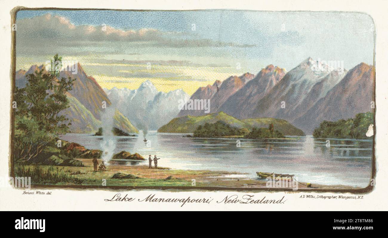 White, Benoni fl 1900s: Lake Manawapouri, New Zealand. Benoni White del. A D Willis, lithographer, Wanganui, New Zealand, N.Z. 1902, Shows a scene at Lake Manapouri, with a group of tourists in the left foreground, one of them tending a campfire. There is a rowing boat pulled up on the shore at the right Stock Photo