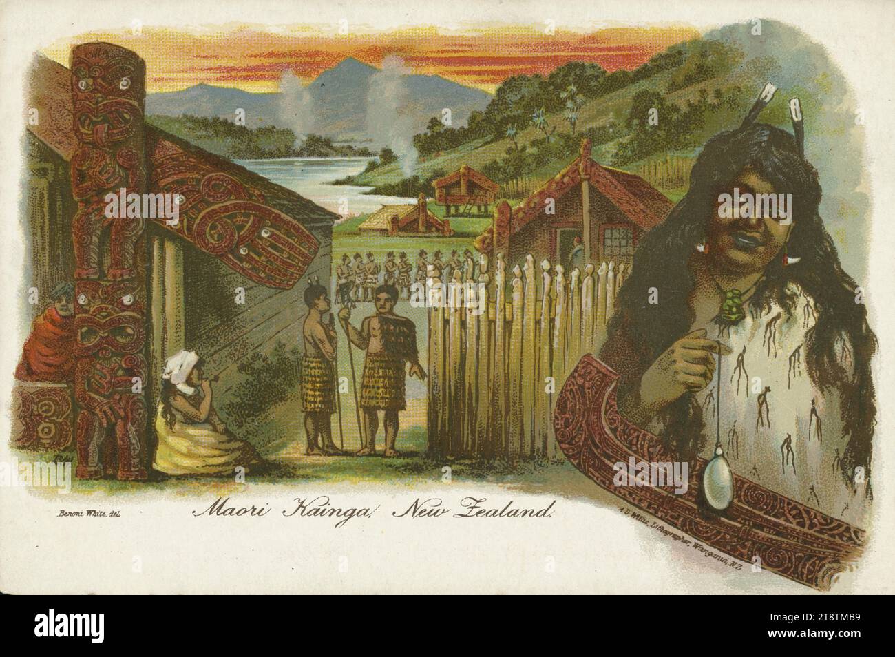 White, Benoni fl 1900s: Maori kainga, New Zealand. Benoni White del. A D Willis, lithographer, Wanganui, New Zealand, N.Z. 1902, Shows a Maori lakeside village, the whares with carved lintels. In the right foreground is a young Maori woman in traditional costume, holding a shining pendant. In front of her is a detail of a carved waka prow. The sky is orange Stock Photo