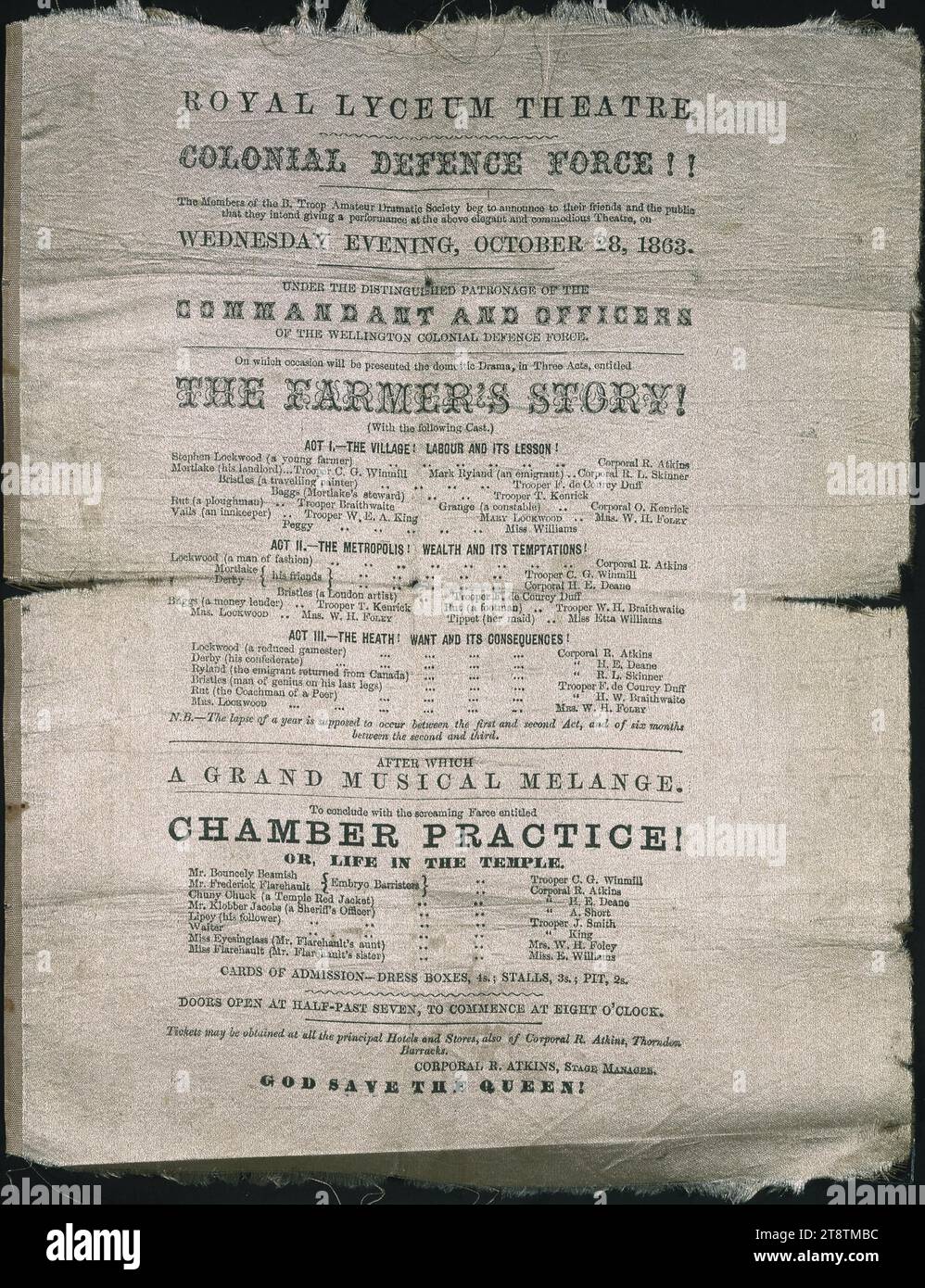 Royal Lyceum Theatre: Colonial Defence Force!! The members of the B Troop Amateur Dramatic Society beg to announce .. a performance at the above elegant and commodious theatre, on Wednesday evening, October 28, 1863, under the distinguished patronage of, Arrangment of text. Cast members included: Corporal R Atkins, Corporal R L Skinner, Trooper F de Courcy Duff, Trooper T Kenrick, Corporal O Kenrick, Mrs W H Foley, Mary Lockwood, Trooper C G Winmill, Trooper H W Braithwaite, Trooper W E A King, Corporal H E Deane, Corporal A Short, Prooper J Smith, Miss Etta Williams. Stock Photo