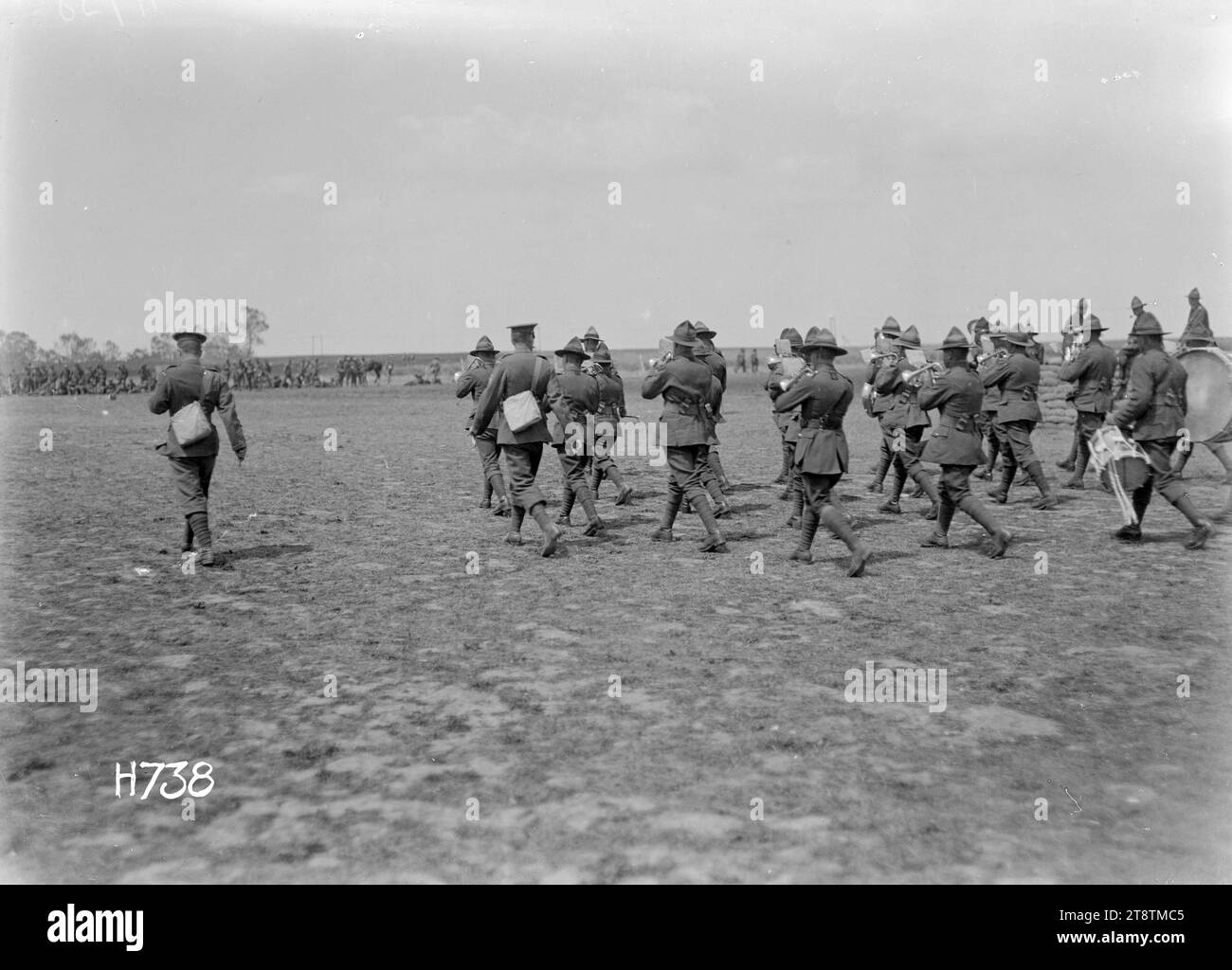 A competing band on the march, Authie, France, A competing band marches out playing at the New Zealand Band Contest held during World War I. Photograph taken Authie, France, 27 July 1918 Stock Photo