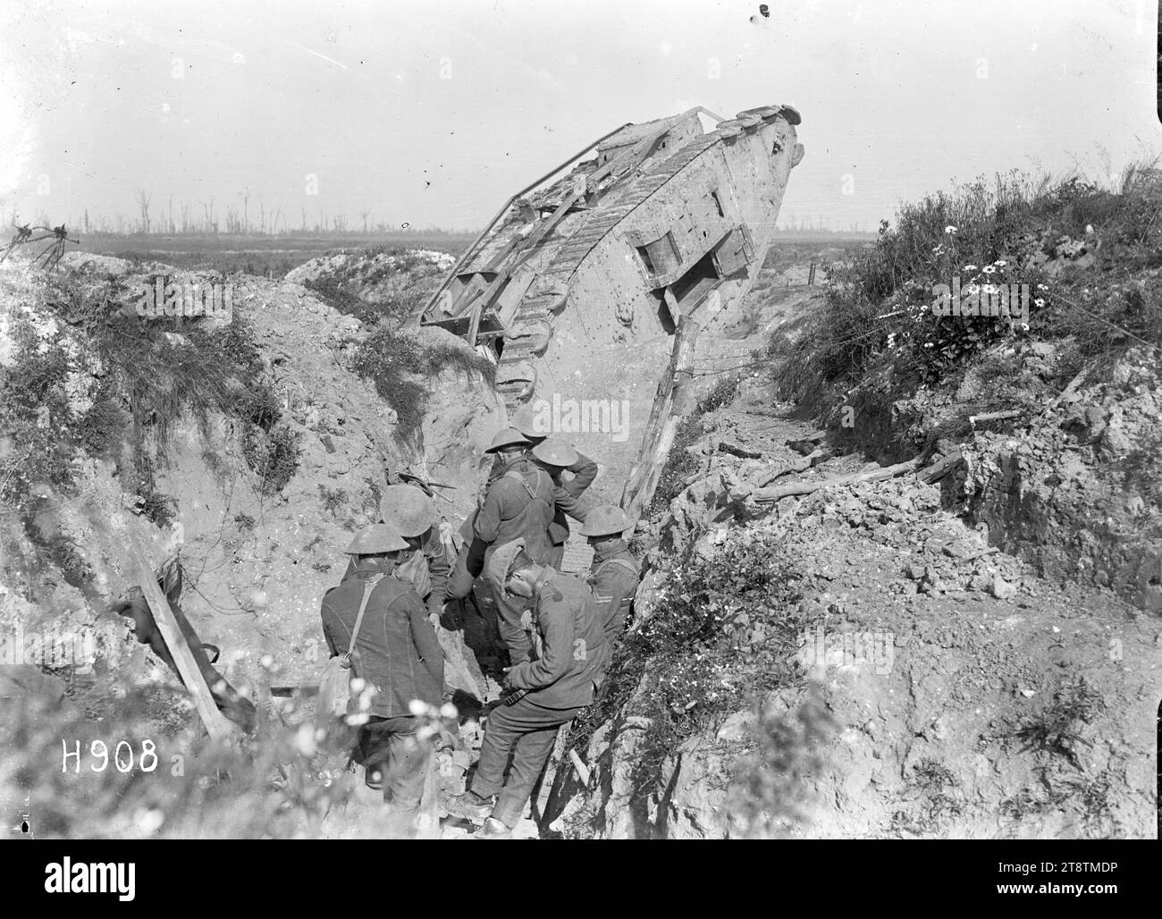 New Zealand troops, and a tank, in a trench at Gommecourt Wood, France, during World War 1, New