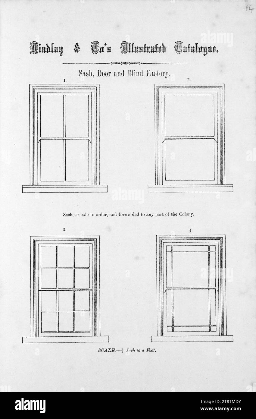 Findlay & Co.: Findlay and Co's illustrated catalogue. Sash, door and blind factory. Sashes made to order, and forwarded to any part of the colony. Scale 1/2 inch to a foot. 1874, Shows designs for four windows Stock Photo