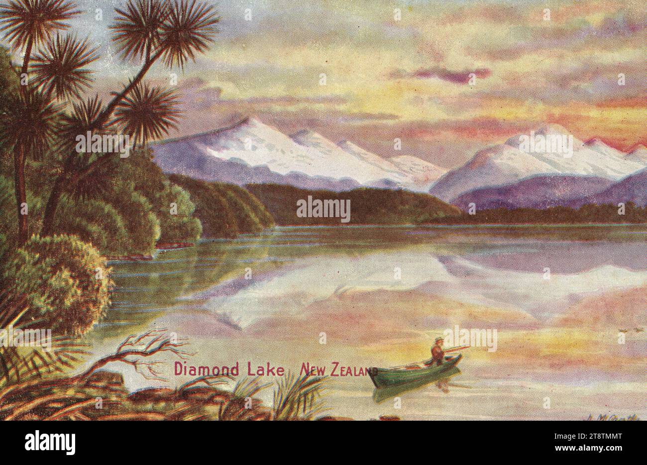 Cantle, J M, fl 1900s: Diamond Lake, New Zealand, 1905-1930? Postcard, Shows a view of a rowing boat on a lake at evening, with snowy mountains, a red sky, and cabbage trees in the left foreground Stock Photo