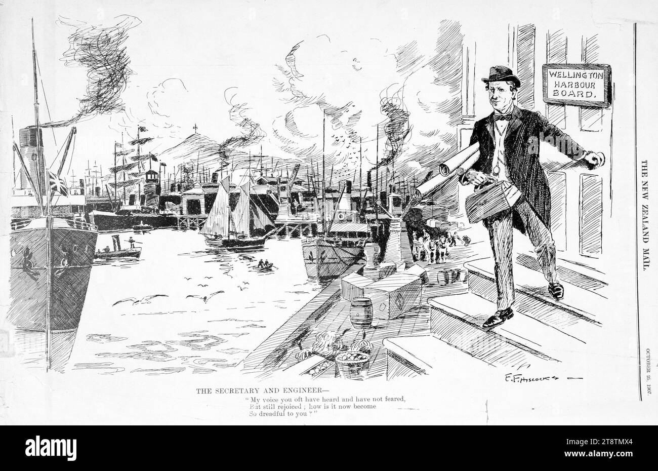 Hiscocks, Ercildoune Frederick fl 1910: The secretary and engineer. The New Zealand mail, October 25, 1907, Shows gentleman with leather bag engraved 'W.F.' (William Ferguson), coming out of a door marked Wellington, New Zealand Harbour Board at right. At centre and left, are scenes of the harbour Stock Photo