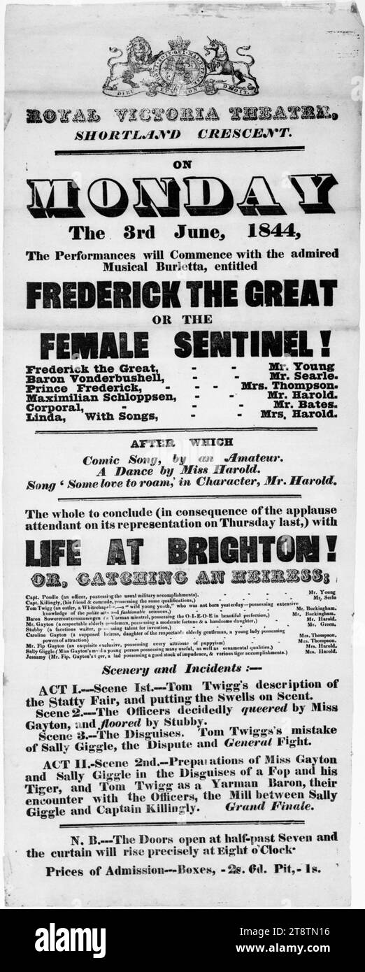 Royal Victoria Theatre, Shortland Crescent: On Monday the 3rd June 1844, the performances will commence with the admired musical burletta, entitled Frederick the Great, or The Female Sentinel! .. the whole to conclude .. with Life at Brighton!, or Ca, Arrangement of typographic elements, in the Victorian style. The performers include: Mr Young, Mr Searle, Mrs Thompson, Mr, Mrs and Miss Harold, Mr Bates, and Mr Green Stock Photo
