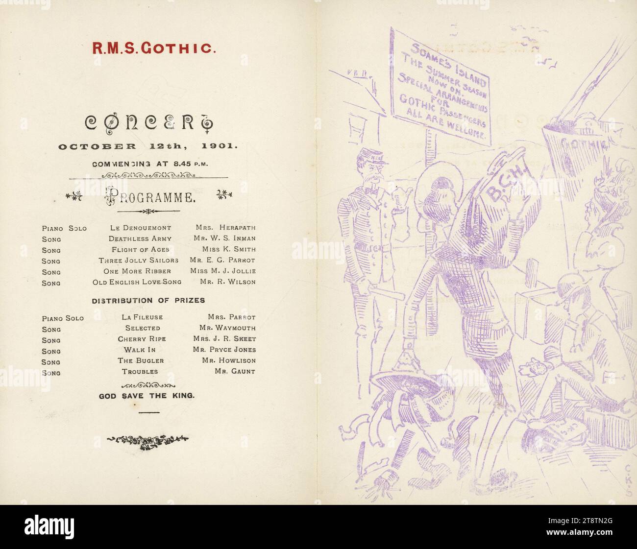 New Zealand Shipping Company Limited: R.M.S. Gothic. Concert October 12th, 1901. Programme and Soames Island / C.K.S cartoon, The left side shows a programme of songs and piano solos, performed on the 'Gothic' by Mrs Herapath, Mr W S Inman, Miss K Smith, Mr E G Parrot, Miss M J Jollie, Mr R Wilson, Mrs Parrot, Mr Waymouth, Mrs J R Skeet, Mr Pryce Jones, Mr Howlison, Mr Gaunt. Apart from Mr Inman (ship's purser) and Mr Waymouth these were all saloon passengers on board the 'Gothic', leaving London on 30 August 1901 Stock Photo