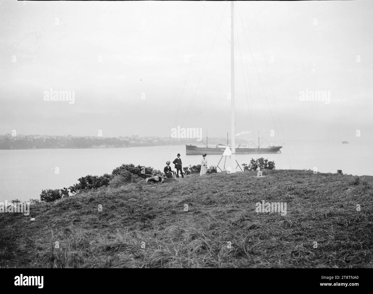 People gathered round the flagstaff at Northcote, Auckland, New Zealand ...