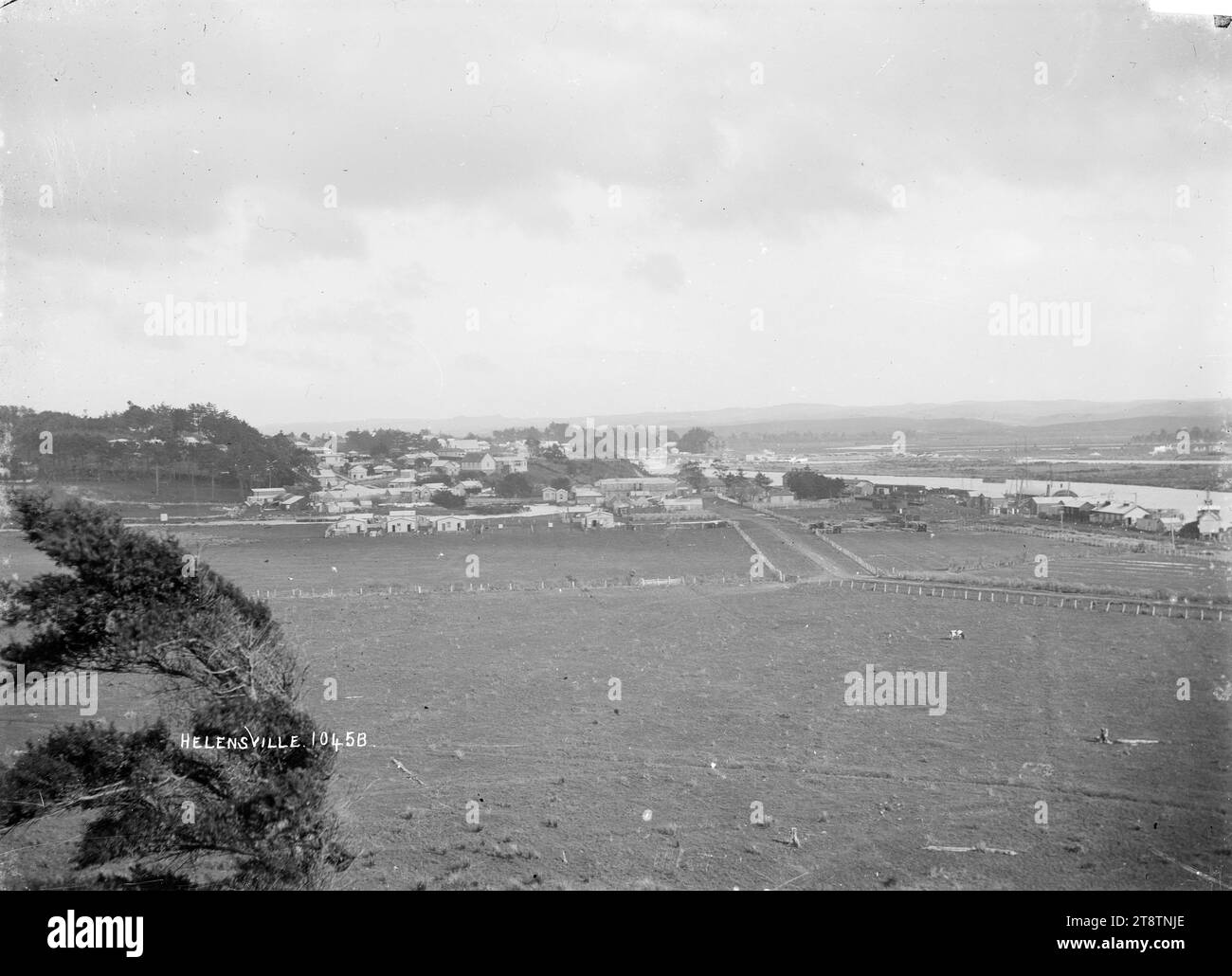 View of Helensville, View of Helensville township taken from the north. The Helensville wharfand Kaipara River can be seen on the righthand side. ca early 1900s Stock Photo