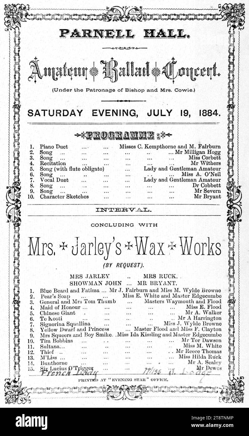 Parnell Hall: Amateur ballad concert (under the patronage of Bishop and Mrs Cowie). Saturday evening, July 19, 1884. Programme .. concluding with Mrs Jarley's wax works. Printed at Evening star Office. 1884, Arrangement of text with ornate lettering and border Stock Photo