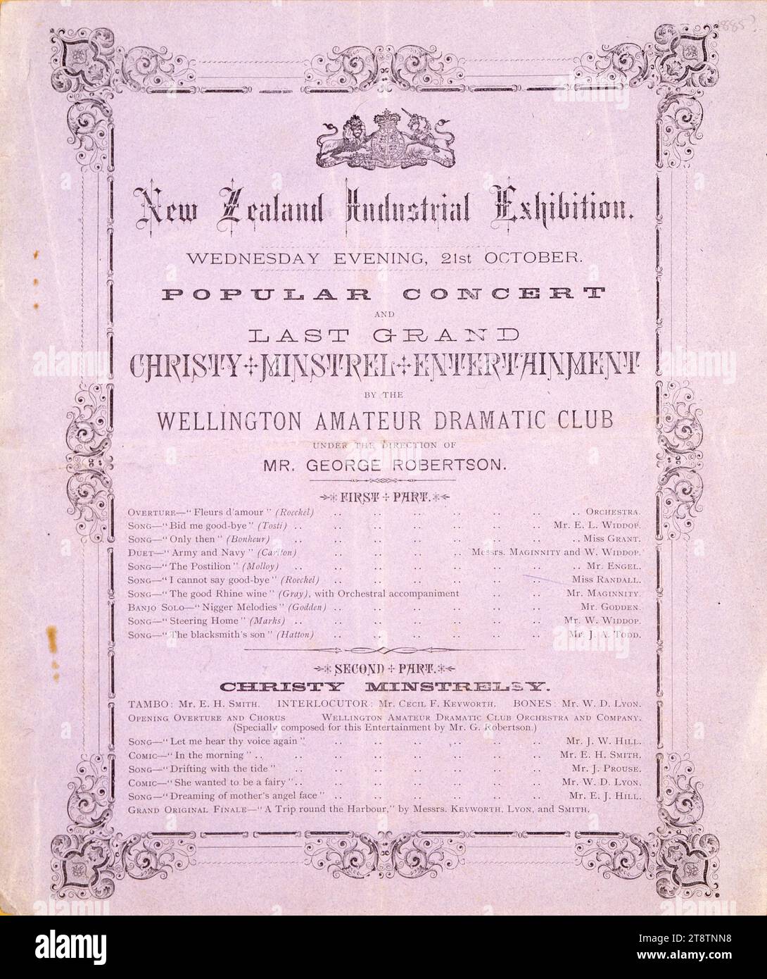 New Zealand Industrial Exhibition: Wednesday evening, 21st October. Popular concert and last grand Christy Minstrel Entertainment by the Wellington, New Zealand Amateur Dramatic Club under the direction of Mr George Robertson. Programme flyer. 1885, An arrangement of text with a decorative border. Performers included: Mr E L Widdop, Miss Grant, Mr Maginnity, Mr Engel, Miss Randall, Mr Godden, Mr W Widdop, Mr J A Todd. In the Christy Minstrelsy section performers included Mr E H Smith (as Tambo), Mr Cecil F Keyworth (as interlocutor), Mr W D Lyon (as Bones), with Mr J W Hill, Mr E H Smith Stock Photo