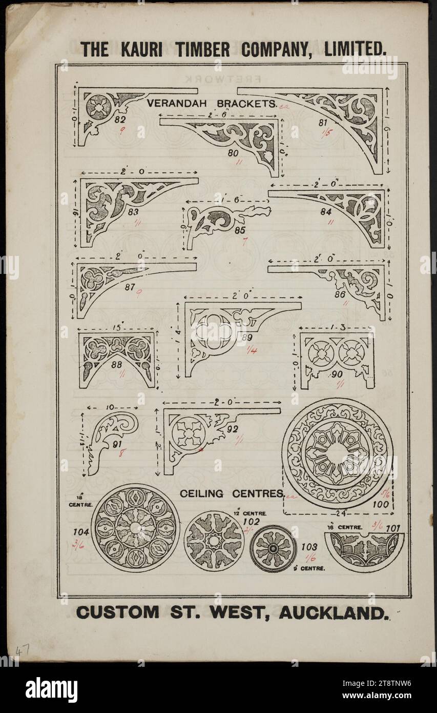 The Kauri Timber Company Ltd (Auckland, New Zealand Office): Verandah brackets and ceiling centres. Catalogue page. ca 1906, Shows models 80 to 92 of ornate carved wooden verandah brackets, and models 100 to 104 of ornate carved ceiling centres Stock Photo