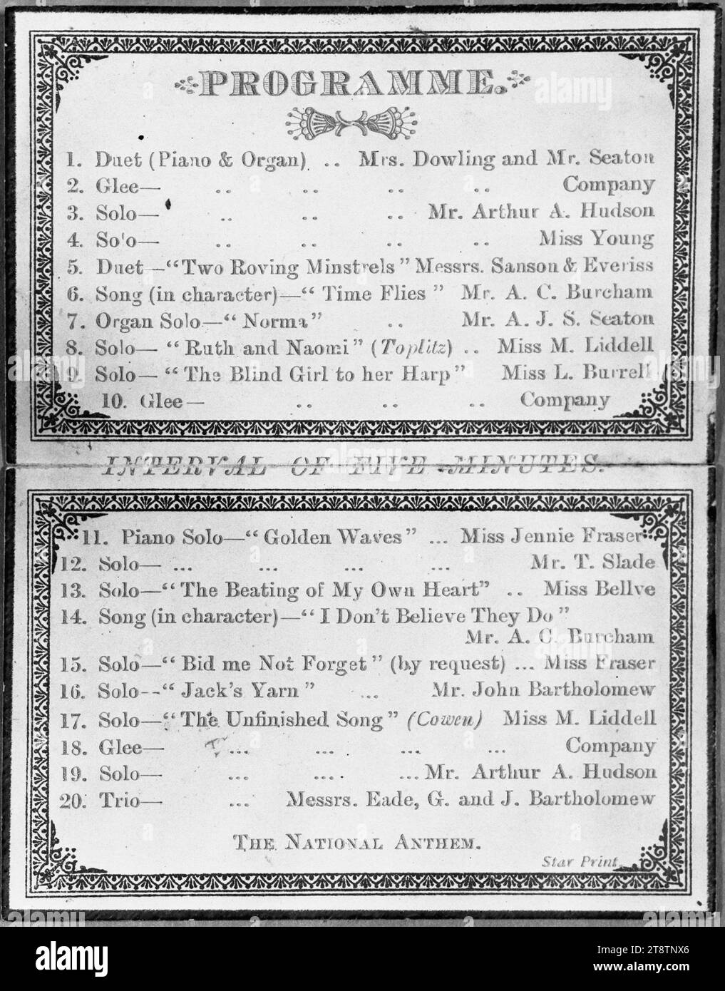 Town Hall Feilding: Local and Instrumental Concert, Friday Aug. 17, 1883. Programme and ticket. Inside, Lists twenty items performed, including musical numbers by Mrs Dowling, Mr A J S Seaton, Mr Arthur A Hudson, Mr Sanson, Mr Everiss, Mr A C Burcham, Miss M Liddell, Miss L Burrell, Miss Jennie Fraser, Mr T Slade, Miss Bellve, Mr John Bartholomew, Messrs Eade and G Bartholomew Stock Photo