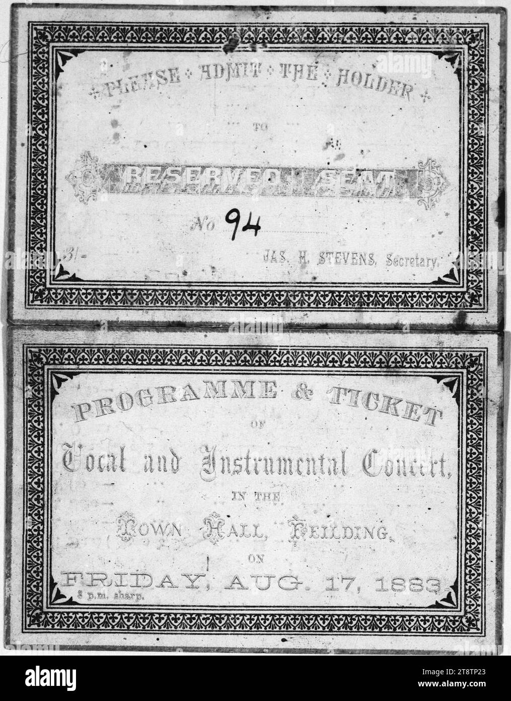 Town Hall Feilding: Local and Instrumental Concert, Friday Aug. 17, 1883. Programme and ticket. Cover, Programme and ticket number 94 for concert. Shows a decorative border on both front and back covers. Printed by Star Print, Feilding Stock Photo