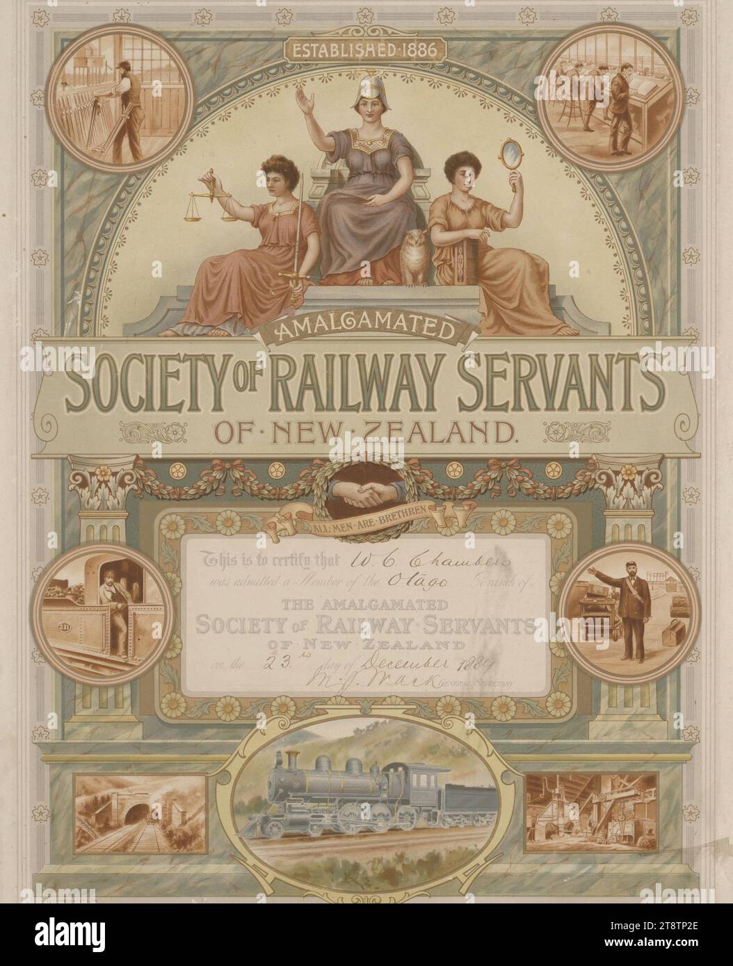 Amalgamated Society of Railway Servants of New Zealand: This is to certify that W C Chambers was admitted a member of the Otago Branch of the Amalgamated Society of Railway Servants of New Zealand on the 23rd day of December 1889. Signed M J Mack, A brightly-coloured certificate showing at the top three seated female allegorical figures of Wisdom, Justice and Truth. The whole certificate is bordered in an architectural arch of green marble background with gold highlights, and there are inset scenes of steam trains, railway workshops, a stationmaster, signalman and clerks. Stock Photo