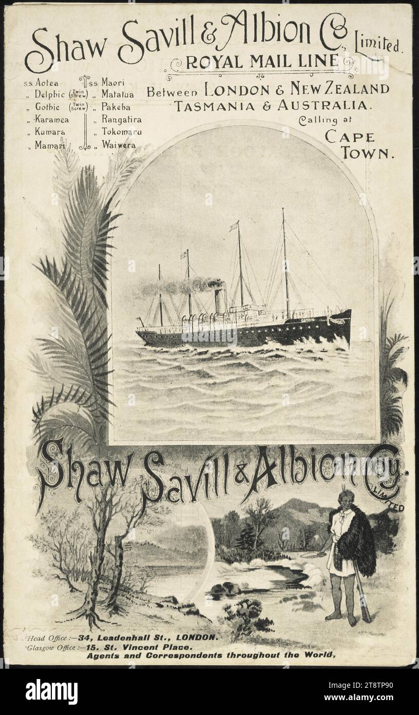 Shaw Savill & Albion Co. Limited: Royal Mail Line between London & New Zealand, Tasmania & Australia, calling at Cape Town. R.M.S. Gothic passenger list. Cover. 1901, Shows an inset of the R.M.S. 'Gothic' in the centre, with a full-length portrait of a Maori chief standing beside a stream with mere and rifle, at the bottom right. Palm fronds flank the inset picture Stock Photo