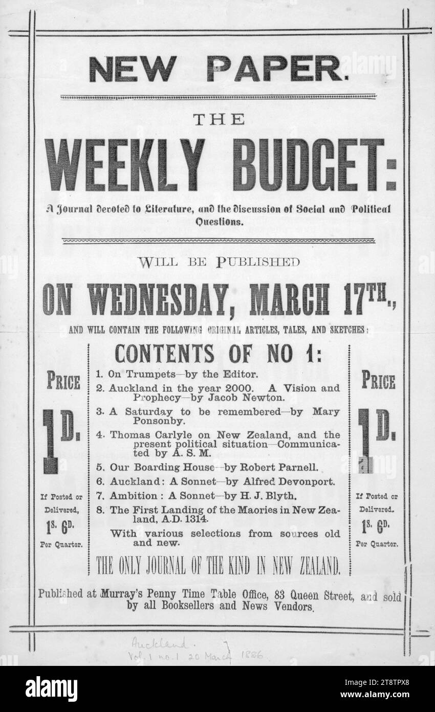 New paper. The Weekly Budget; a journal devoted to literature, and the discussion of social and political questions, will be published on Wednesday, March 17th 1886, Arrangement of text Stock Photo