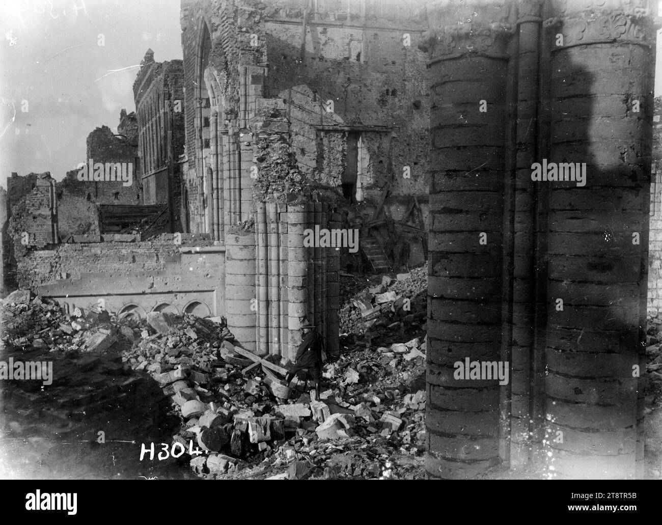 The historic ruins of Ypres Cathedral, A lone soldier pictured among