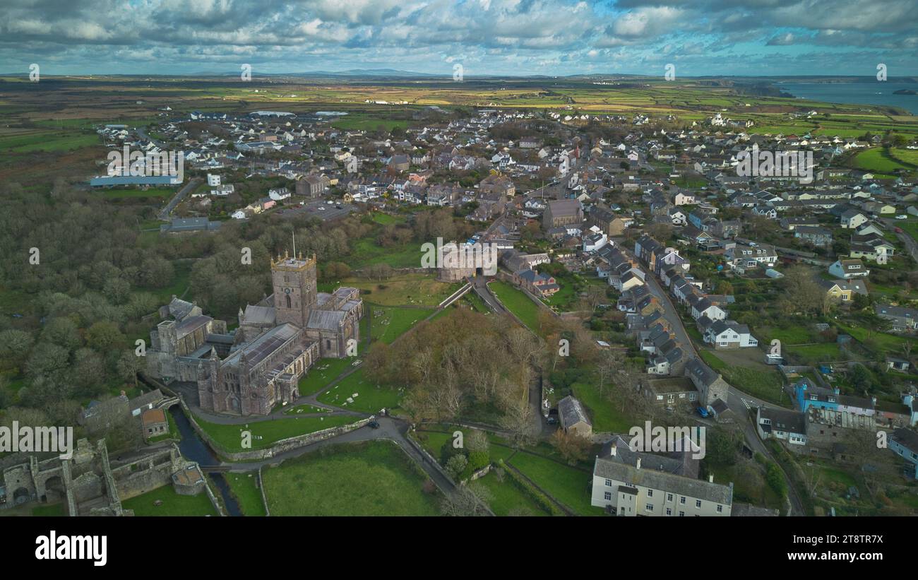 Arial photo of St Davids Cathedral and the remains of St Davids Bishop's Palace. These are found in the UK's smallest City: St Davids, Wales. Stock Photo