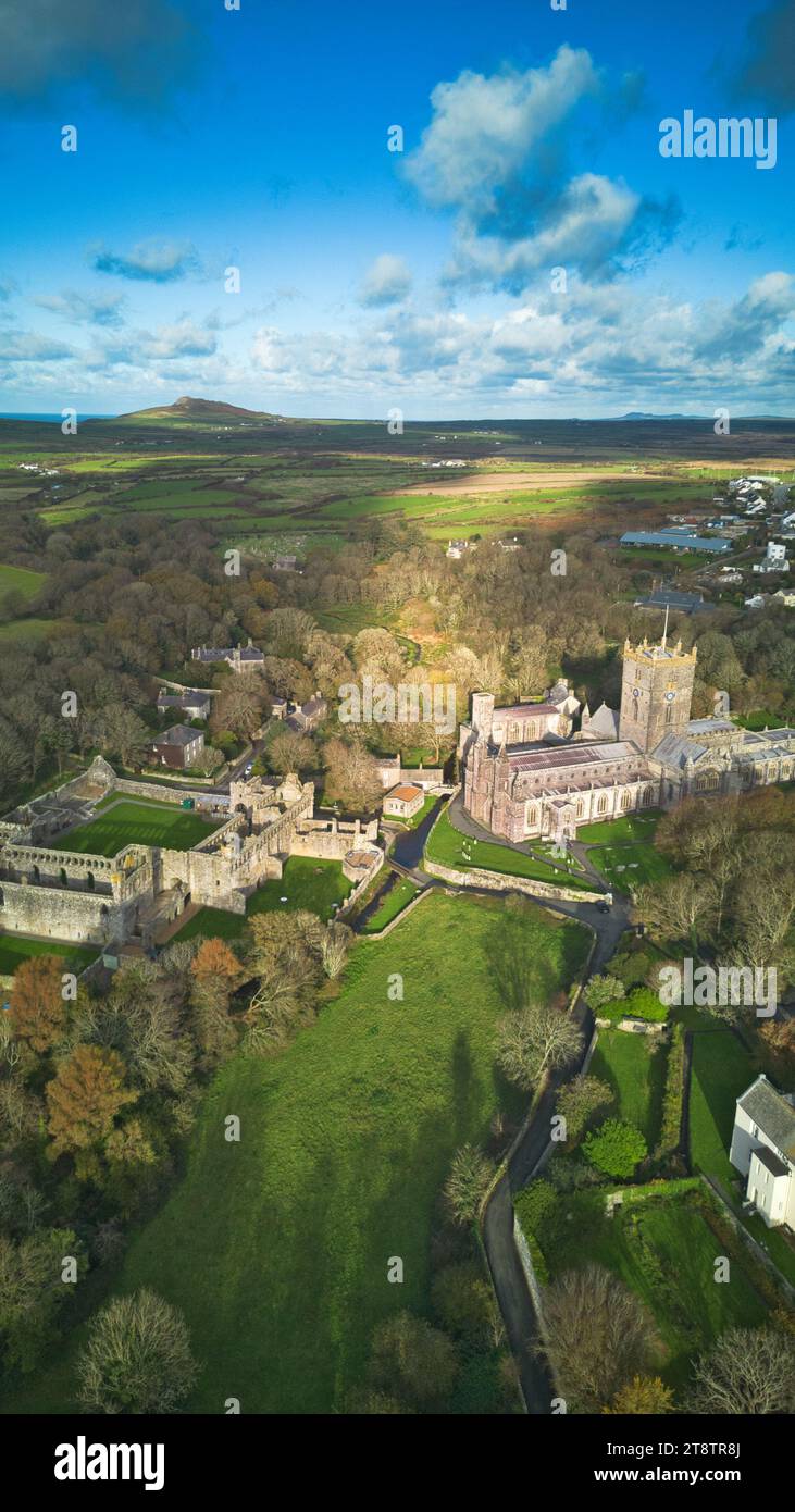 Arial photo of St Davids Cathedral and the remains of St Davids Bishop's Palace. These are found in the UK's smallest City: St Davids, Wales. Stock Photo
