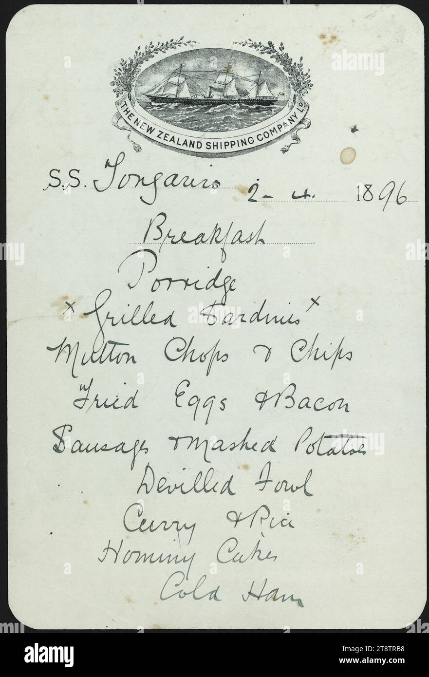 New Zealand Shipping Company: S.S. Tongariro. Breakfast menu. 2.4.1896, Menu lists porridge, grilled sardines, mutton chops & chips, fried eggs & bacon, sausages & mashed potatoes, devilled fowl, curry & rice, hominy cakes, and cold ham. At the top is a small portrait of a steam and sailing ship in an oval inset Stock Photo
