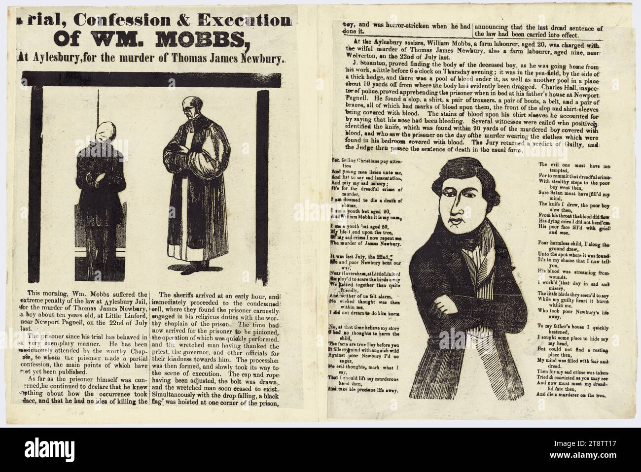 Trial, confession & execution of Wm Mobbs, at Aylesbury, for the murder of Thomas James Newbury. 1870, An arrangement of text, with two illustrations: the first of a man hanging on gallows beside a priest, and the other a picture of a young man in jacket, waistcoat and cravat Stock Photo