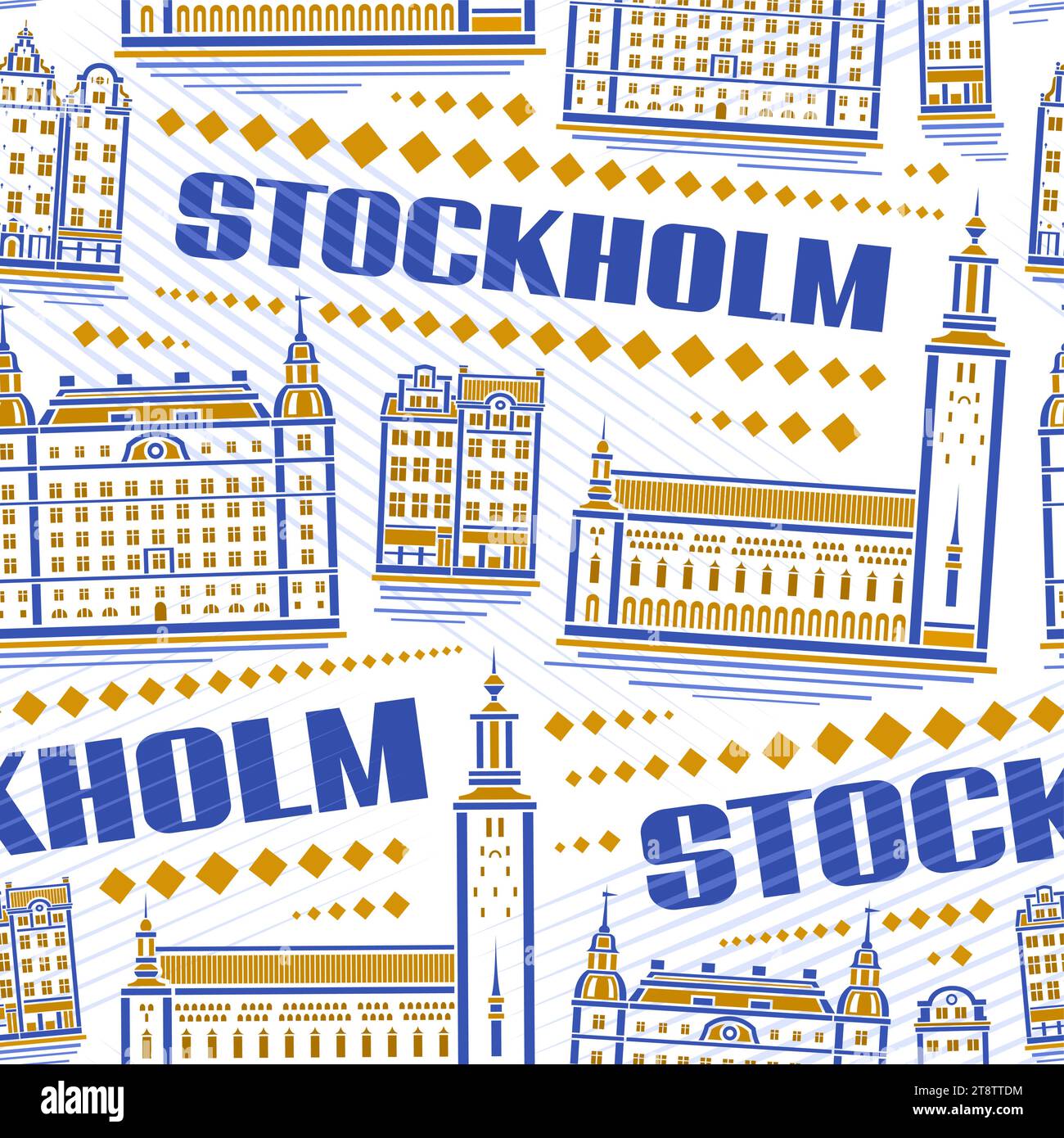Vector Stockholm Seamless Pattern, repeating background with illustration of famous medieval stockholm city scape on white background, decorative line Stock Vector