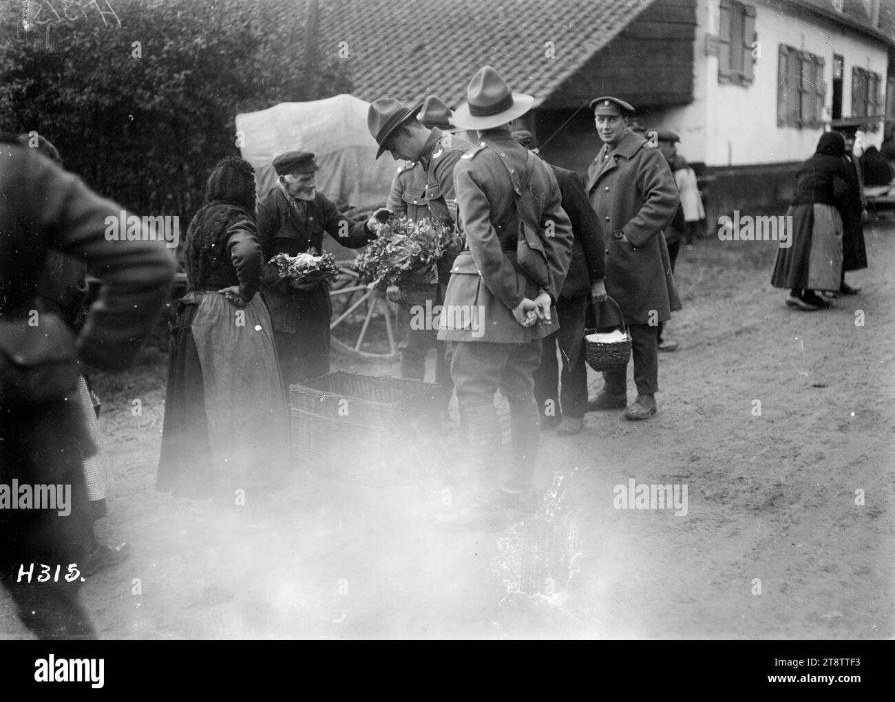 New Zealand soldiers buying vegetables in a French village, New Zealand